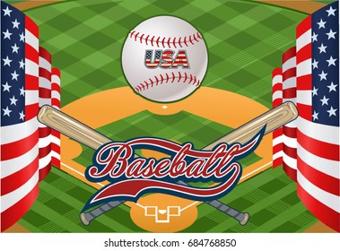 USA flag, ball and bat
