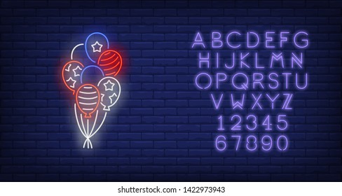 USA flag balloons neon sign. USA symbol, history design. Night bright neon sign, colorful billboard, light banner. Vector illustration in neon style.