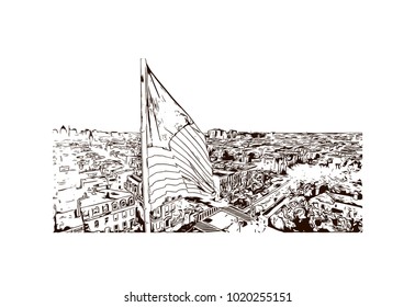 USA flag with Baltimore City view in Maryland, USA. Hand drawn sketch illustration in vector.