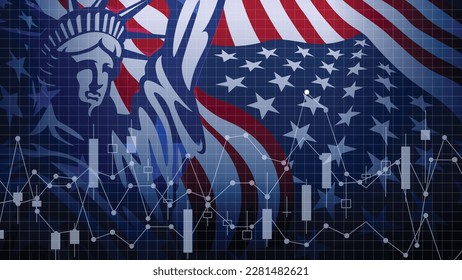 USA flag banner background design with the statue of liberty and economy, digital currency data diagram. Vector illustration.