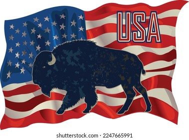 USA Flag and bison. American buffalo
