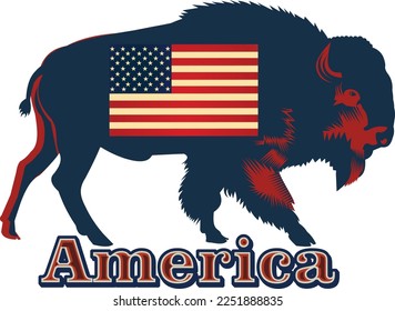 USA Flag and bison. American buffalo