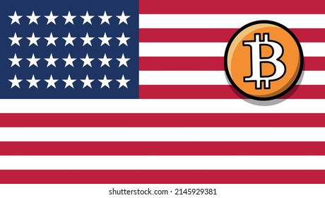 Bandera de Estados Unidos, icono de bitcoin pequeño, país de nueva era, activo digital, moneda de reserva