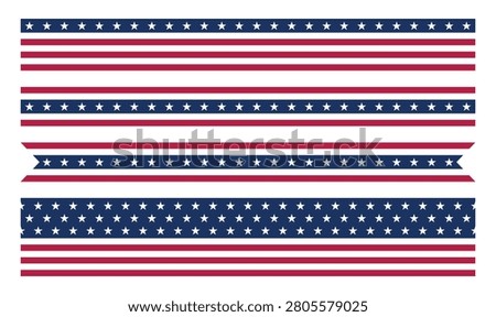 USA flag border set, American patriotic stripe dividers and ribbon banner collection for Independence Day, National celebration decoration elements, Vector illustration.