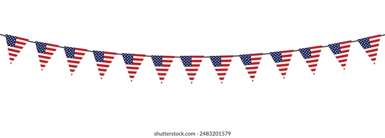 USA flag bunting garland on white background, vector illustration.