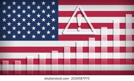 USA flag with burlap texture, warning sign, and rising bar chart symbolizing increasing risk or growth challenges in the country. Ideal for data presentations.