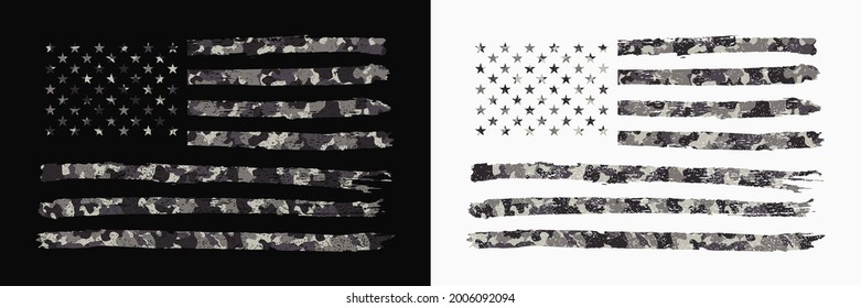 USA flag with camouflage. Set of camo American flag in military style with grunge. Typography graphics for t-shirt and apparel or banner and poster. Vector illustration.