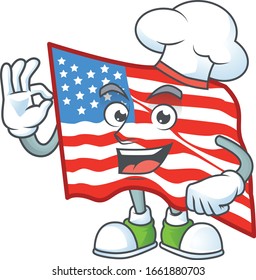 Caricatura de la bandera de Estados Unidos con vestido de chef y sombrero blanco