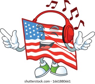 USA flag cartoon character design Listening music on a headset
