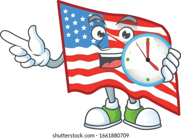 USA flag cartoon character style with a clock