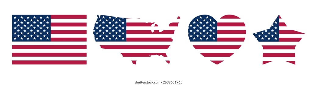 USA flag celebration holidays sign icon set. Flag, map, heart, star.