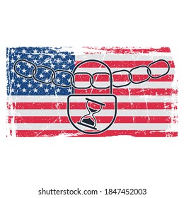 USA flag. Chain with a lock. Hourglass. Lockdown. Temporary quarantine restrictions. Vector illustration isolated on white background.