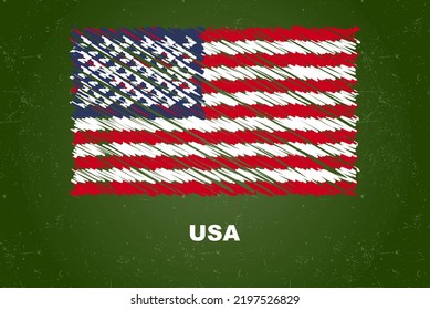 USA flag with chalk effect on green chalkboard, hand drawing country flag concept, green blackboard with USA flag, chalk texture, flag for kids, classroom material