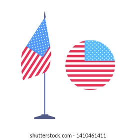 USA flag, Closeup view of round emblem of United States, banner on stick and circle label, patriotic icon, county symbolic, American landmark vector