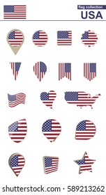 USA Flag Collection. Big set for design. Vector Illustration.