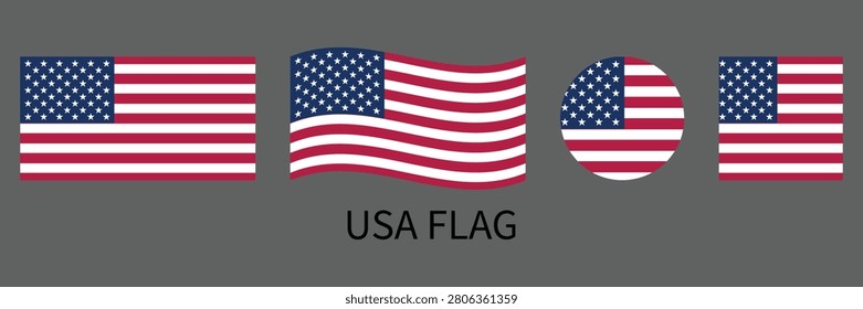 USA Flag Collection with Flat, Waving, Round and Square American Flag Icons Vector Illustration