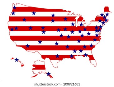 USA in flag color, United states of America, map of red and white stripes, capital cities of all state indicated by a blue star sign. vector art image illustration, isolated on white background, eps10