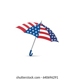 USA flag colored umbrella. Season american fashion accessory. Travel USA sign