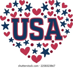 USA flag colors in a shape of heart. Patriotic national symblol of United States of America. hand drawn vector illustration