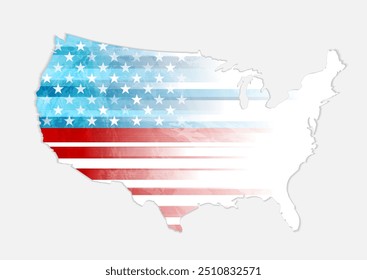USA flag colors, stars and stripes on American map abstract grunge background. Independence Day modern design. Vector illustration