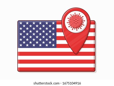 USA flag with a coronavirus sign. Covid-19 virus outbreak in North America. Vector illustration, global problem of the spread of the virus.