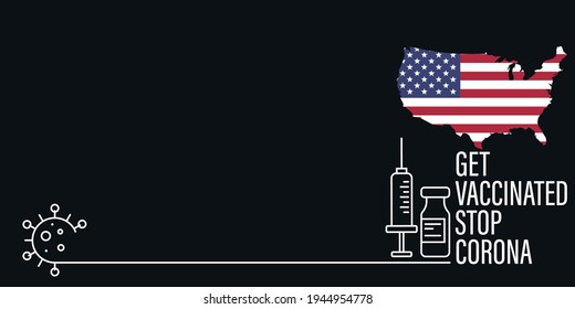 USA flag coronavirus vaccine bottle. COVID virus vaccine. vaccination, influenza prevention, vaccination concept. American flag background.
