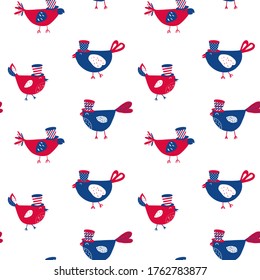 USA flag cute birds seamless pattern, vector. Cute children Digital paper for independence day, 4th July celebration wrapping. American patriotic Birds in hats print. EPS10