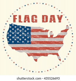 USA Flag Day vintage greeting card / icon. US Flag in grunge effect in the form of a map on a round background. Map of America, stylized US flag. Flag Day retro style. Stock Vector design illustration