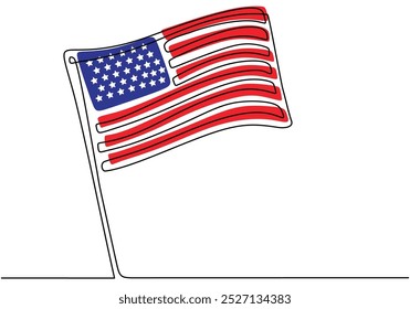 USA flag depicted in a continuous single line. Minimalist design perfect for American pride and national identity concepts. Simplified hand-drawn illustration.