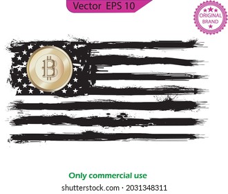 USA flag designed with bitcoin icon. USA flag organized for e-commerce wallpapers. Bitcoin USA Flag Distressed Digital Currency Lover T-Shirt Design
