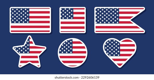 USA flag in different geometric shapes on a blue background. US flag symbol image. Vector