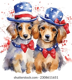 USA Flag Dog Cupple Watercolor, watercolor Dog Cupple , 4th July Dog 