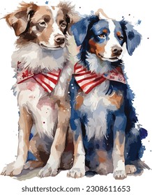 USA Flag Dog Cupple Watercolor, watercolor Dog Cupple , 4th July Dog 