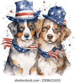 USA Flag Dog Cupple Watercolor, watercolor Dog Cupple , 4th July Dog 