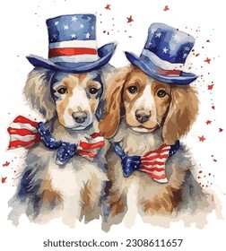 USA Flag Dog Cupple Watercolor, watercolor Dog Cupple , 4th July Dog 