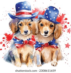 USA Flag Dog Cupple Watercolor, watercolor Dog Cupple , 4th July Dog 