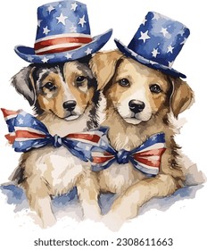 USA Flag Dog Cupple Watercolor, watercolor Dog Cupple , 4th July Dog 