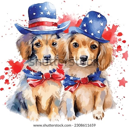 USA Flag Dog Cupple Watercolor, watercolor Dog Cupple , 4th July Dog 