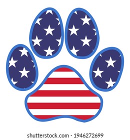 USA flag in dog paw shape - Independence Day USA with text. Good for T-shirts, Happy july 4th. Independence Day USA holiday. Love United States of America. Usa flag dog symbol. Red white and blue.