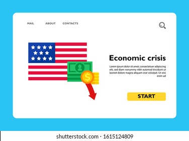 USA flag with dollar banknote and coins decline sign. Decline of dollar, budget shortfall, USA banks crash. Crisis, USA economy concept. For topics like global economy, USA economy, banking, finance