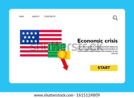 USA flag with dollar banknote and coins decline sign. Decline of dollar, budget shortfall, USA banks crash. Crisis, USA economy concept. For topics like global economy, USA economy, banking, finance