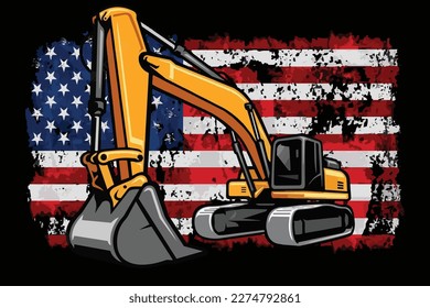 USA Flag Excavator Design Vector