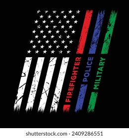 Usa Flag With Firefighter Police Military First Responders Flag, T Shirt, Poster, card, banner, background. Vector illustration