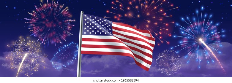 USA Flag with fireworks. 4th July celebration banner with American flag on starry night sky. Vector 3D illustration