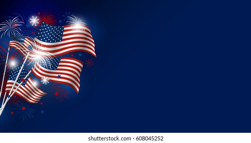 USA flag with fireworks design on blue background 