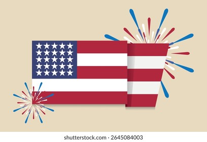 USA Flag with Fireworks - Flat Vector Illustration for Independence Day.  4th of july, Veterans day, Memorial day or Labor day.