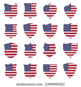 USA flag - flat collection Badges. United states of America. Flags of different shaped sixteen flat icons. Vector illustration set. 