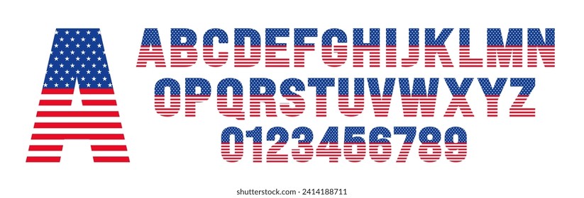 USA flag flat style alphabet letter font and number design set. alphabet typography American Flag style.  4th Of July USA independence and memorial day united states of America flag font design.