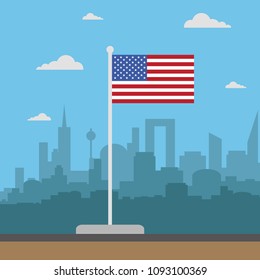 USA Flag, flat style with city , behind