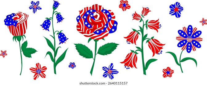 usa flag flowers vector set – isolated patriotic floral illustration with american stars and stripes for independence day, 4th of july holiday decoration
